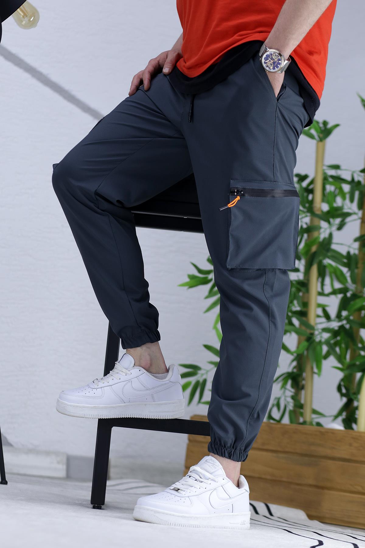 Erkek Paraşüt Kumaş Kargo Jogger Pantalon (DAR KESİM) - Füme