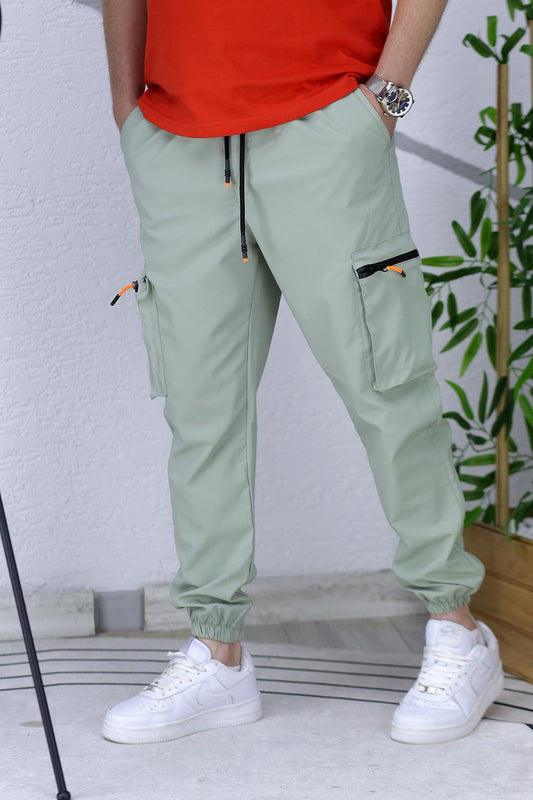Erkek Paraşüt Kumaş Kargo Jogger Pantalon (DAR KESİM) - Su Yeşili