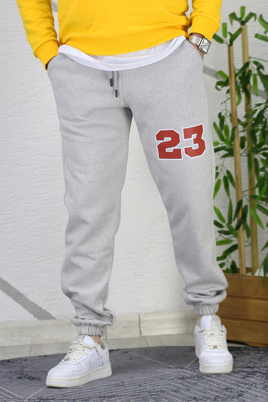 Erkek Şardonlu Üç İplik 23 Baskılı Eşofman Altı - Gri