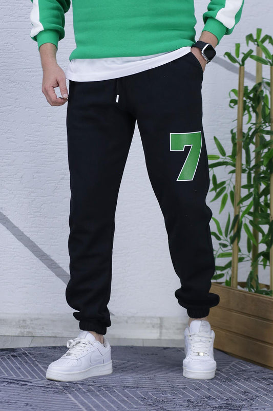 Erkek Şardonlu Üç İplik 7 Rakamlı Baskılı Eşofman Altı - Siyah