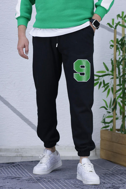 Erkek Şardonlu Üç İplik 9 Rakam Baskılı Eşofman Altı - Siyah