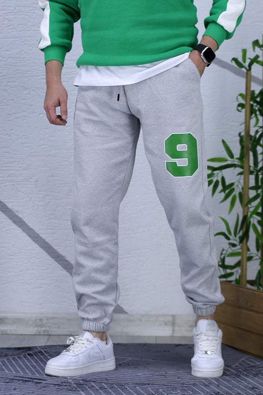 Erkek Şardonlu Üç İplik 9 Rakam Baskılı Eşofman Altı - Gri