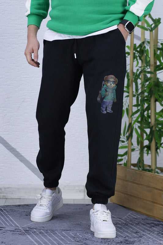 Erkek Şardonlu Üç İplik Ayı Baskılı Eşofman Altı - Siyah