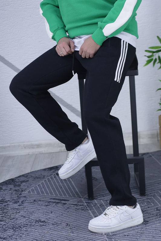 Erkek Şardonlu Üç İplik Düz Paça Yarım Şeritli Eşofman Altı - Siyah