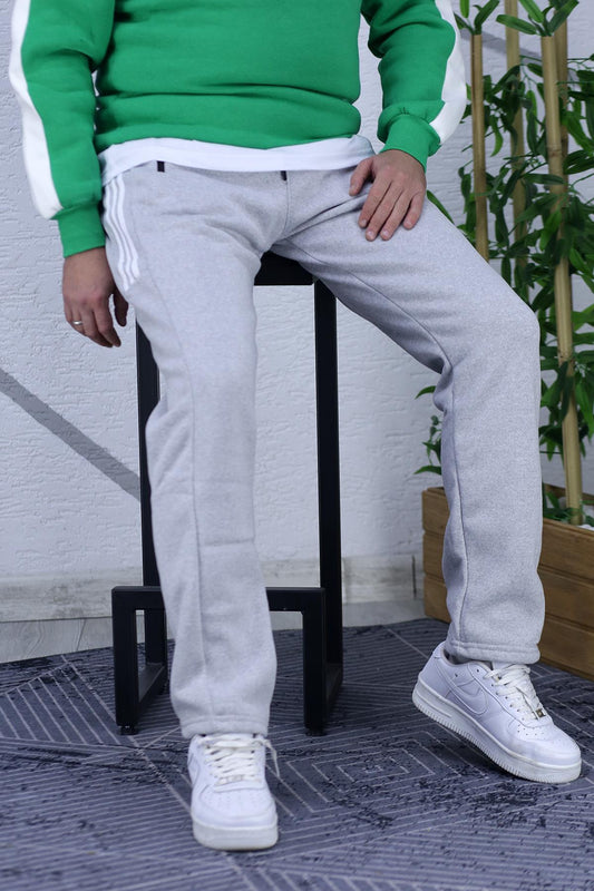 Erkek Şardonlu Üç İplik Düz Paça Yarım Şeritli Eşofman Altı - Gri