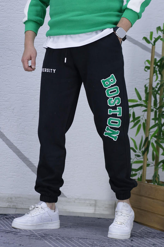 Erkek Şardonlu Üç İplik Eşofman Altı Boston Yan Baskı - Siyah