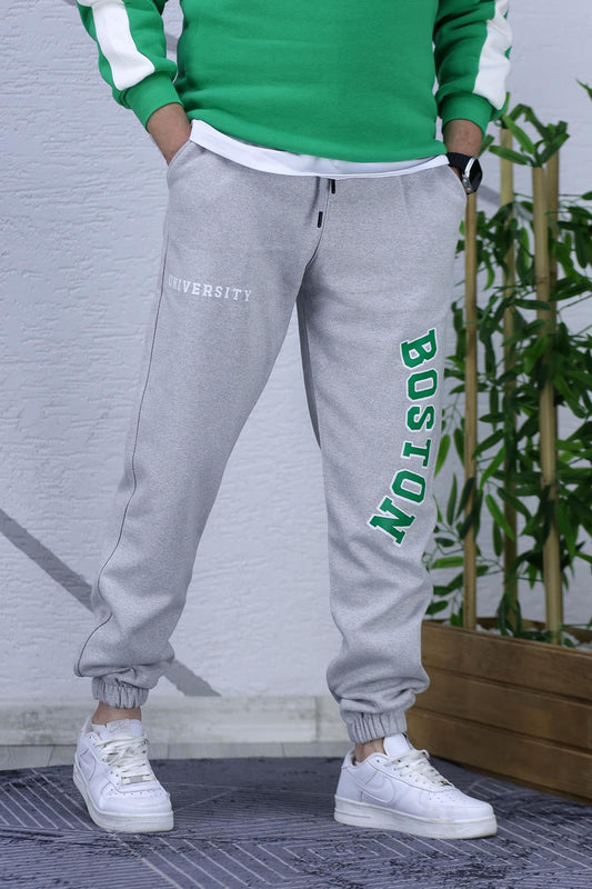 Erkek Şardonlu Üç İplik Eşofman Altı Boston Yan Baskı - Gri