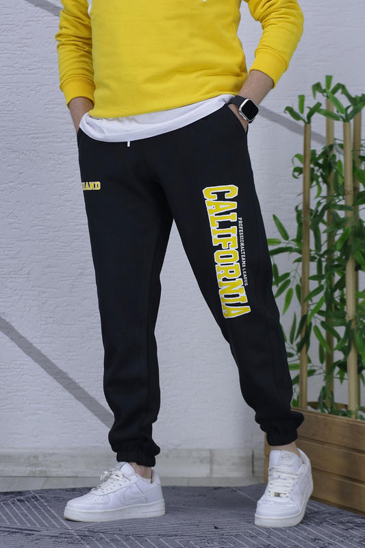 Erkek Şardonlu Üç İplik Eşofman Altı California Yan Baskı - Siyah