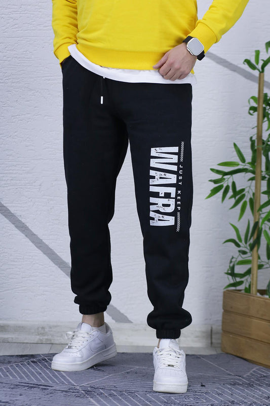 Erkek Şardonlu Üç İplik Eşofman Altı Wafra Baskılı - Siyah