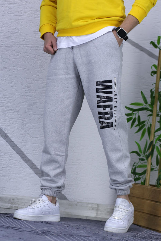 Erkek Şardonlu Üç İplik Eşofman Altı Wafra Baskılı - Gri