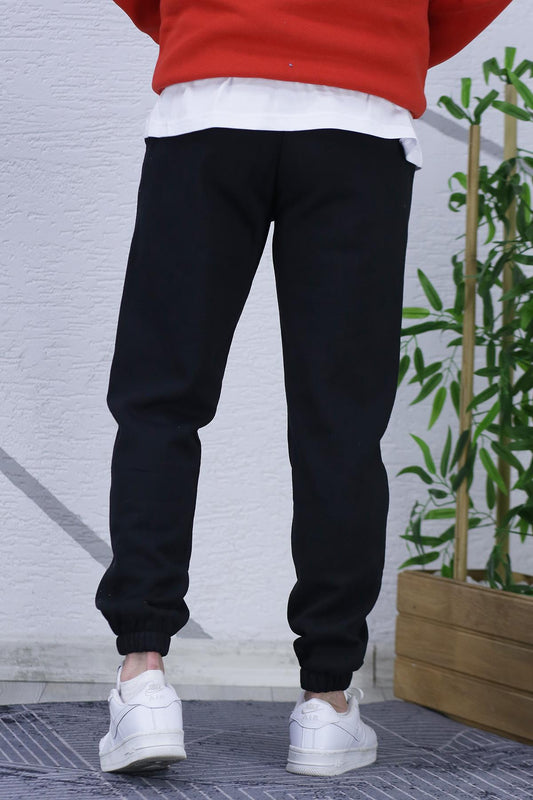 Erkek Şardonlu Üç İplik Kırmızı 7 Baskılı Eaşofman Altı - Siyah