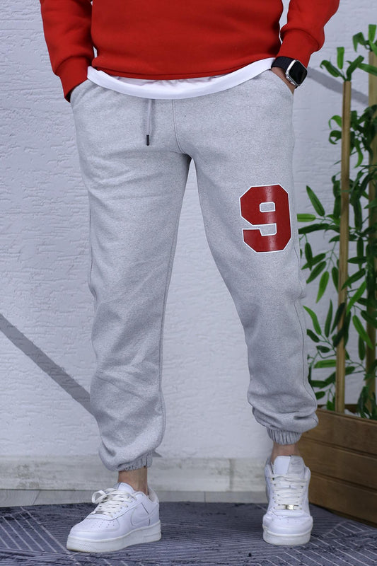 Erkek Şardonlu Üç İplik Kırmızı 9 Baskılı Eaşofman Altı - Gri