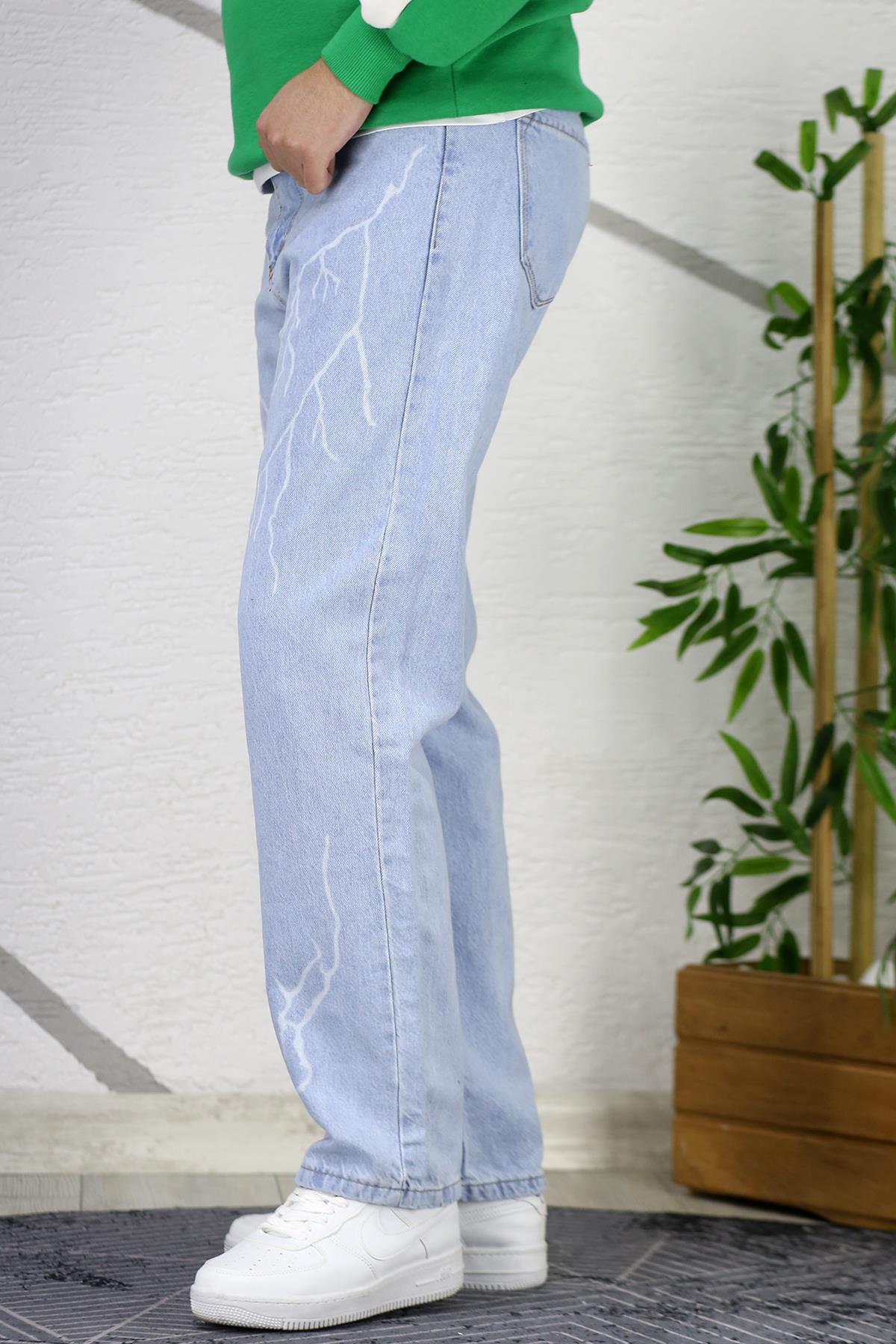 Erkek Siyah Baggy Yıldırım Desenli Bol Kesim Kot Pantolon - Açık Mavi