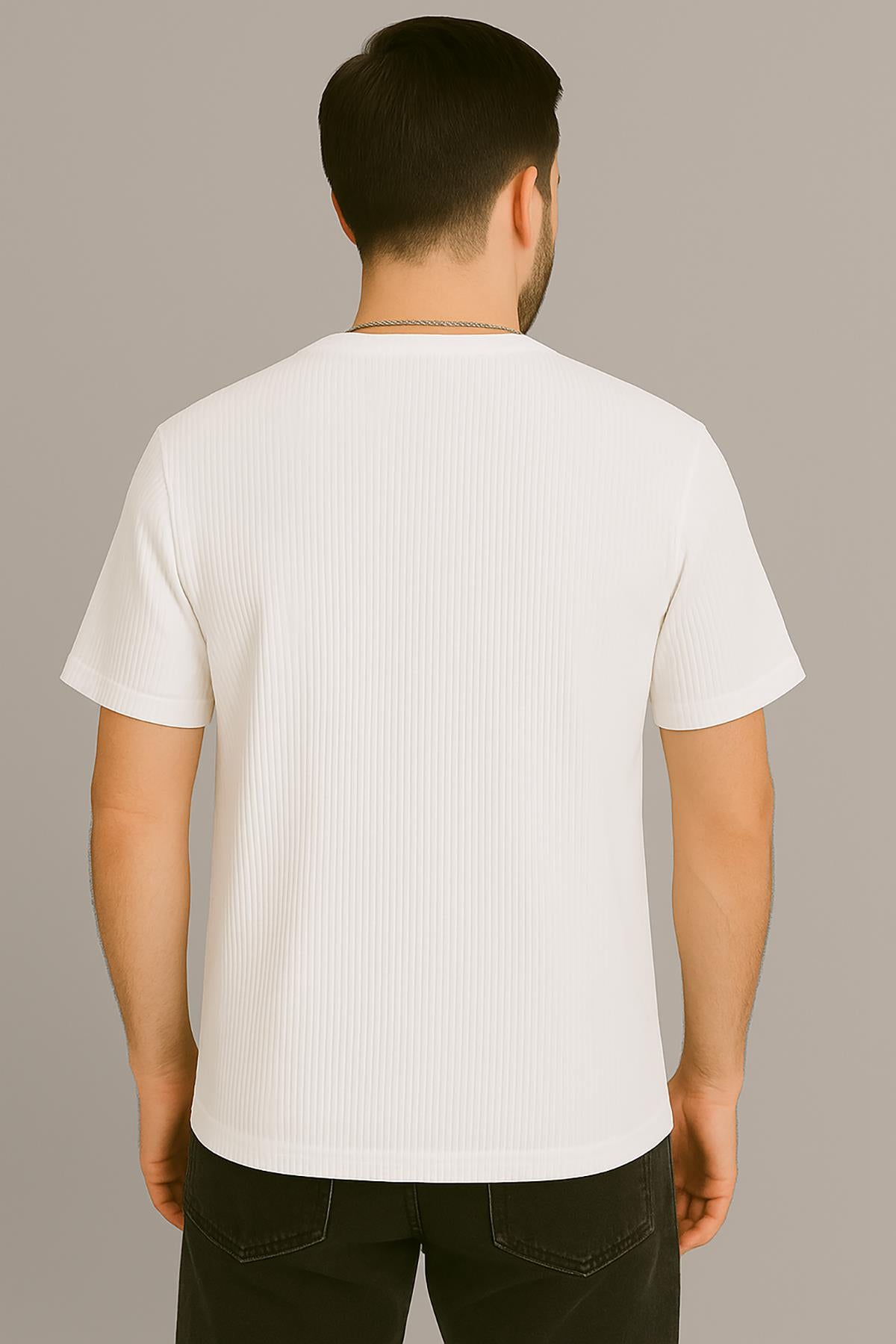Erkek Tshirt Kolyeli-Cepli Gofre Likralı Kumaş (Dar Kalıp) - Beyaz