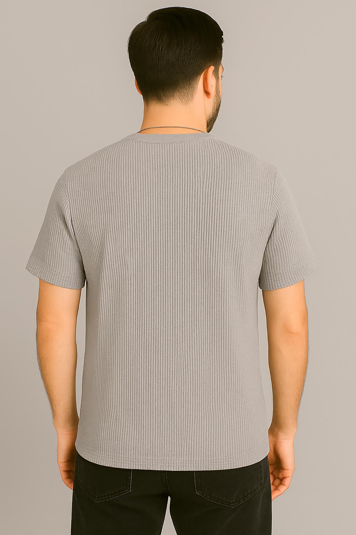 Erkek Tshirt Kolyeli-Cepli Gofre Likralı Kumaş (Dar Kalıp) - Gri