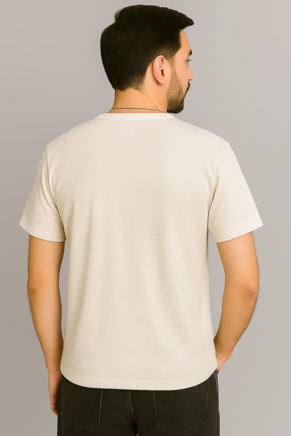 Erkek Tshirt Kolyeli-Cepli Gofre Likralı Kumaş (Dar Kalıp) - Bej