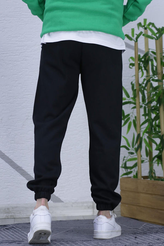 Erkek Üç İplik Eşofman Altı Boston Baskı - Siyah