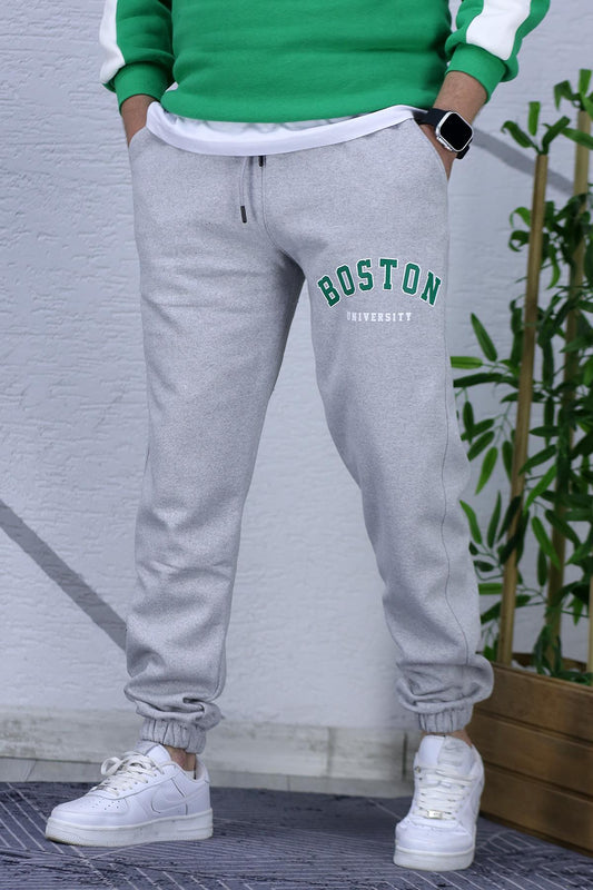 Erkek Üç İplik Eşofman Altı Boston Baskı - Gri