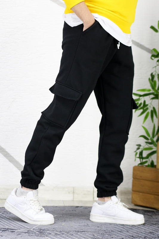 Erkek Üç İplik Şadonlu Kargo Cepli Eşofman Altı - Siyah