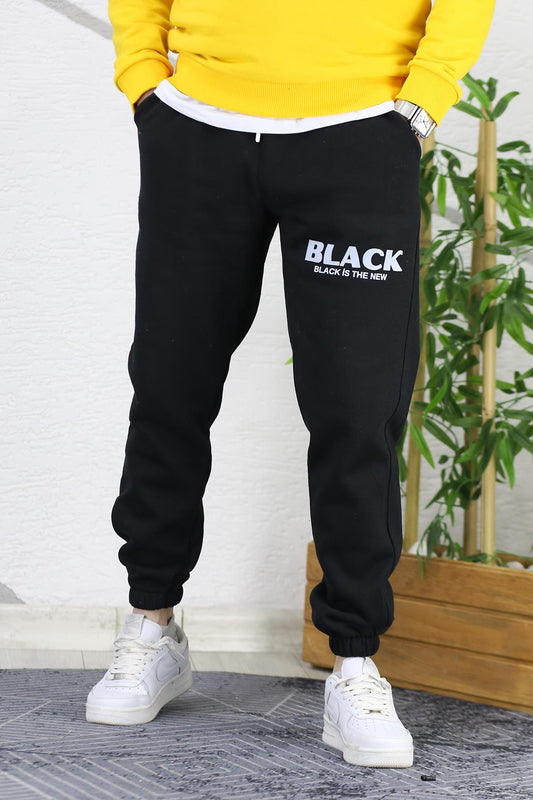 Erkek Üç İplik Şardonlu Black Baskılı Eşofman Altı - Siyah