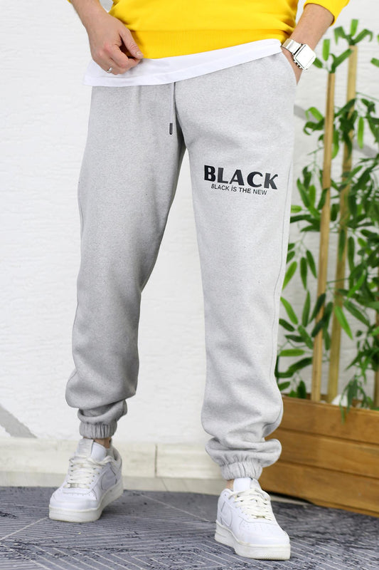 Erkek Üç İplik Şardonlu Black Baskılı Eşofman Altı - Gri