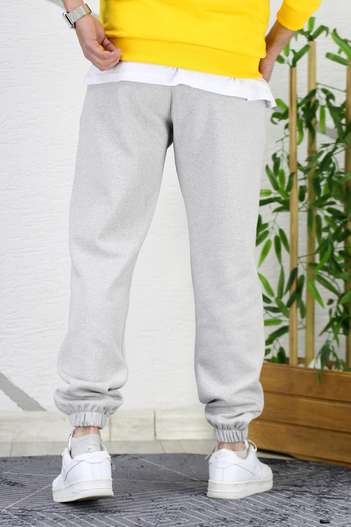 Erkek Üç İplik Şardonlu Black Baskılı Eşofman Altı - Gri