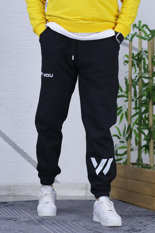 Erkek Üç İplik Şardonlu Eşofman Altı For You Baskı - Siyah