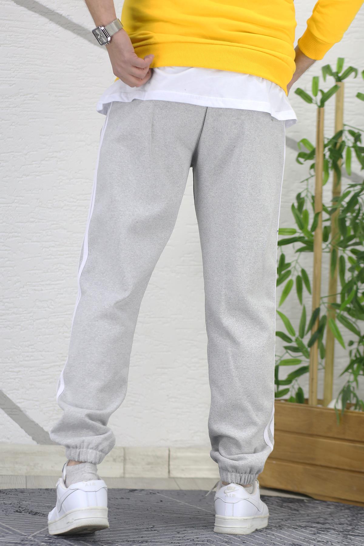 Erkek Üç İplik Şardonlu Paçası Lastikli Şeritli Eşofman Altı - Gri