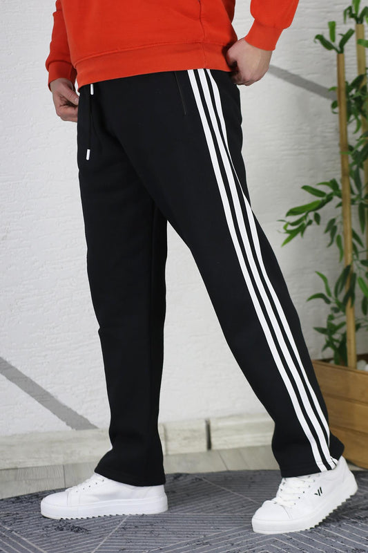 Erkek Üç Şeritli Düz Paça Şardonlu Üç İplik Eşofman Altı - Siyah