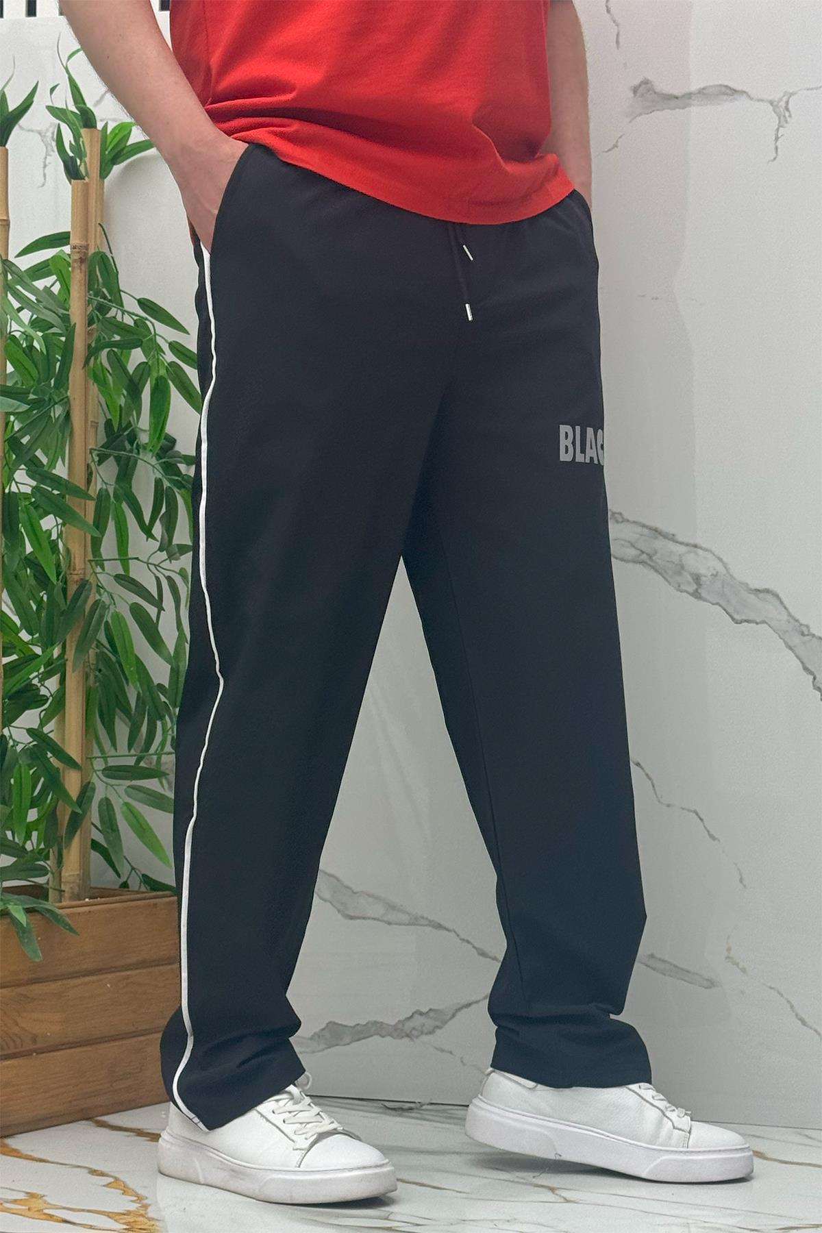 Erkek Yanları Biyeli Reflektör Baskılı Paraşüt Kumaş Baggy Pantolon - Siyah