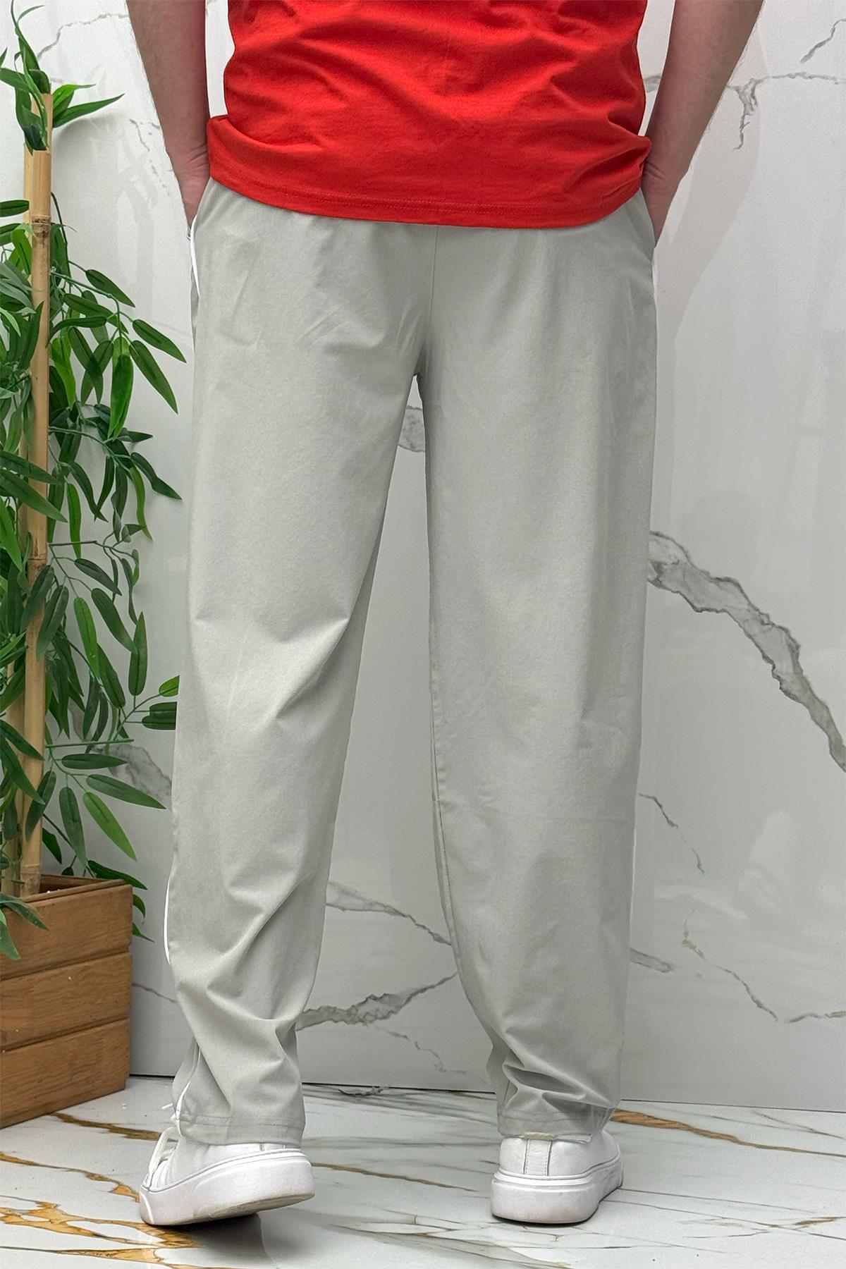 Erkek Yanları Biyeli Reflektör Baskılı Paraşüt Kumaş Baggy Pantolon - Gri