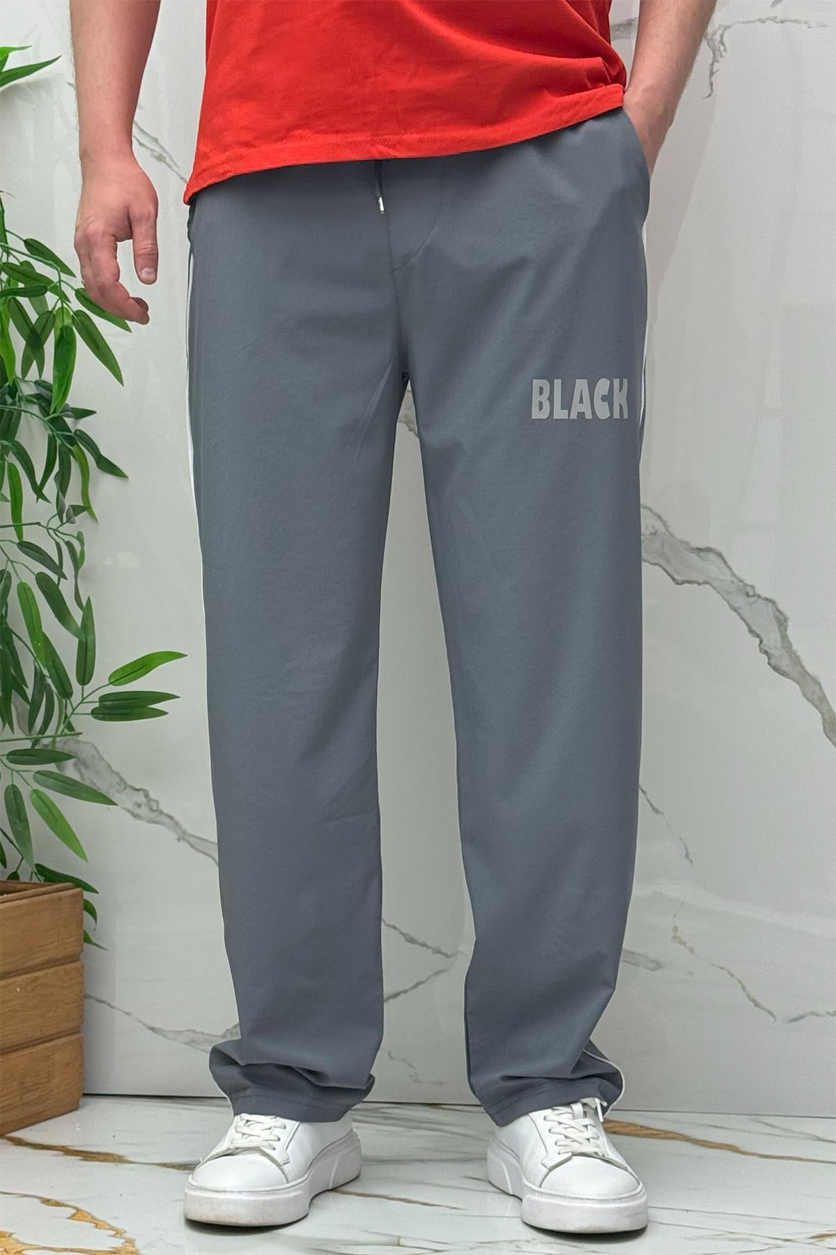 Erkek Yanları Biyeli Reflektör Baskılı Paraşüt Kumaş Baggy Pantolon - Koyu Gri