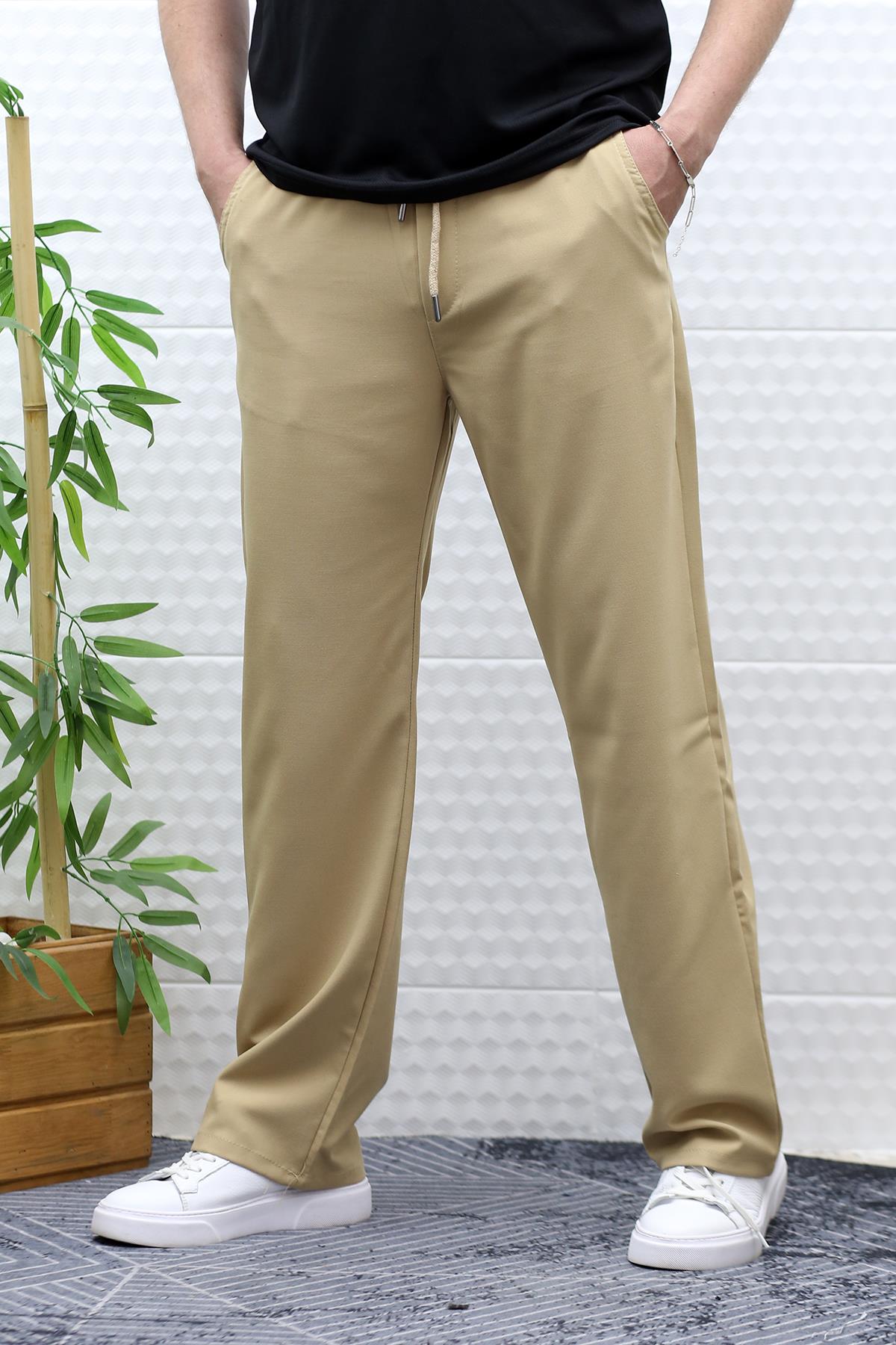 Erkek Yazlık Kumaş Baggy Beli Lastikli Pantolon - Sütlü Kahve