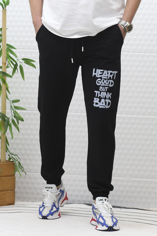 Erkek Yazlık Penye Eşofman Altı Heart Baskı - Siyah