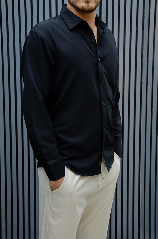 Erkek Yazlık Tiril Tiril Aktüs Oversize Gömlek - Siyah