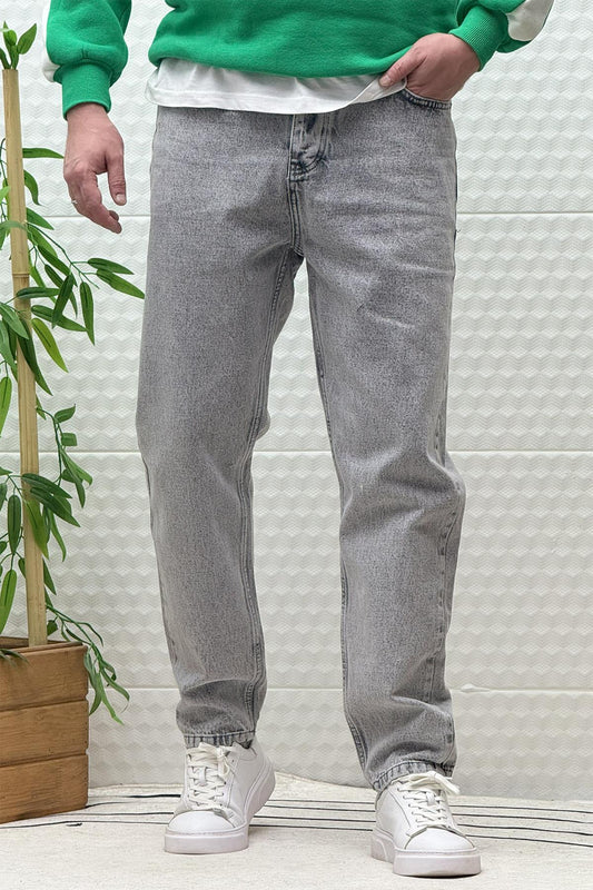 Erkek Yıkamalı Boyfirend Kot Pantolon - Açık Gri