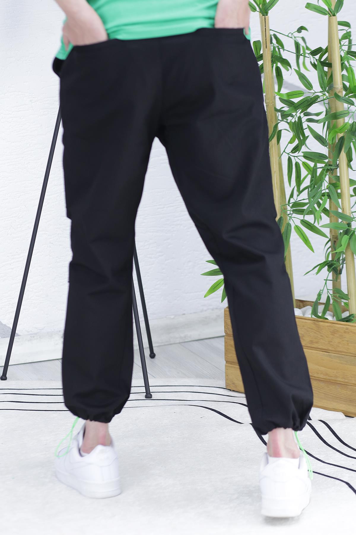 Keten Paçası Lastikli Kargo Pantolon 2 - Siyah