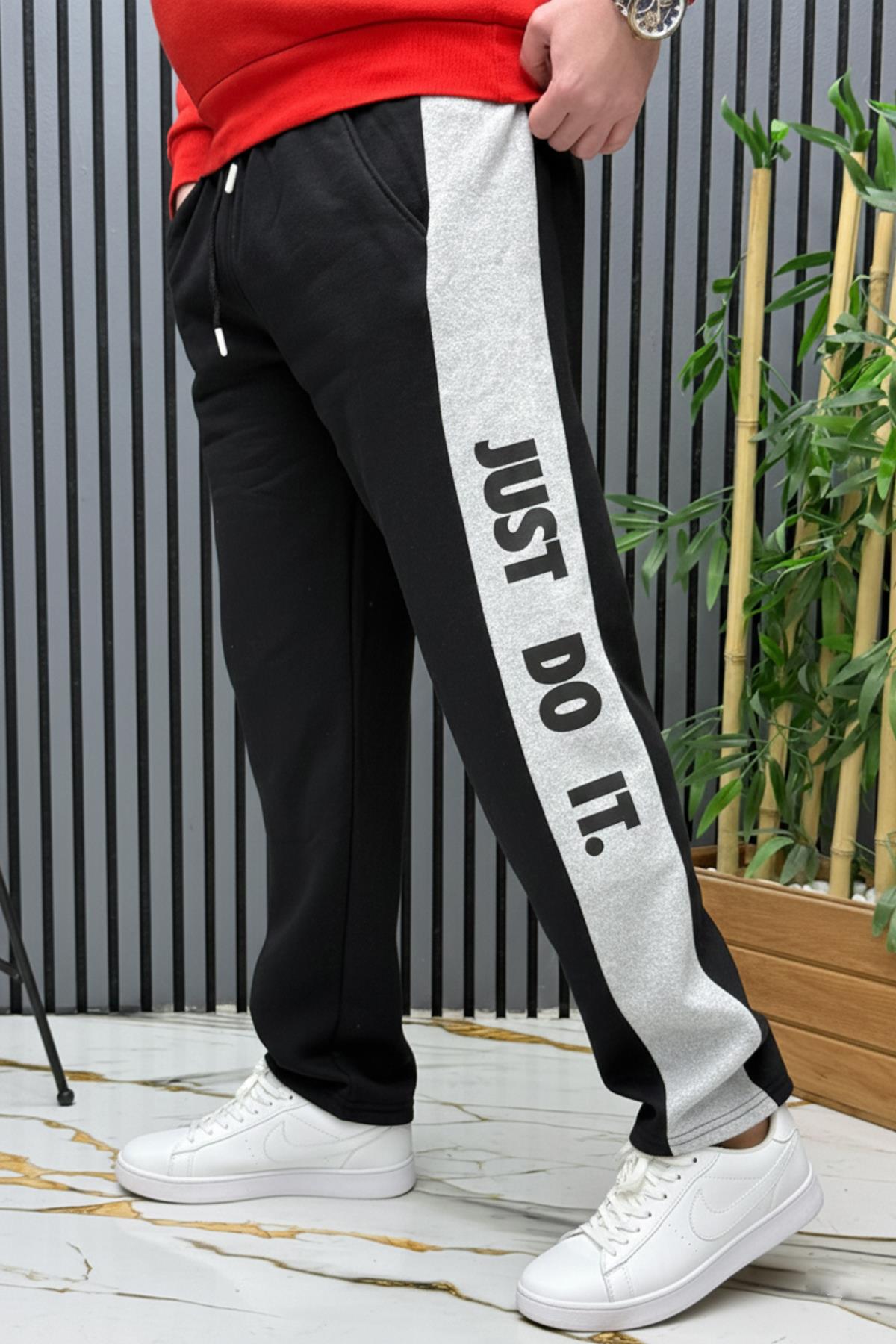 Erkek 2 İplik Şardonlu  Just Baskılı Baggy Eşofman Altı - Siyah