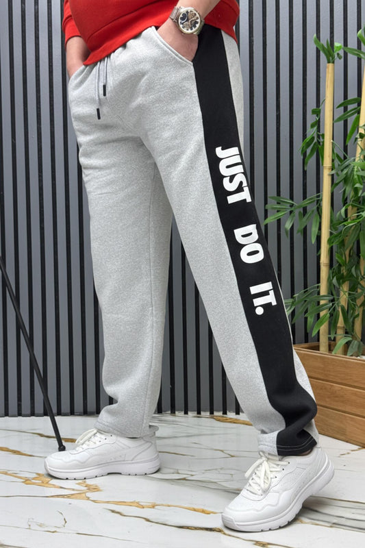 Erkek 2 İplik Şardonlu  Just Baskılı Baggy Eşofman Altı - Gri