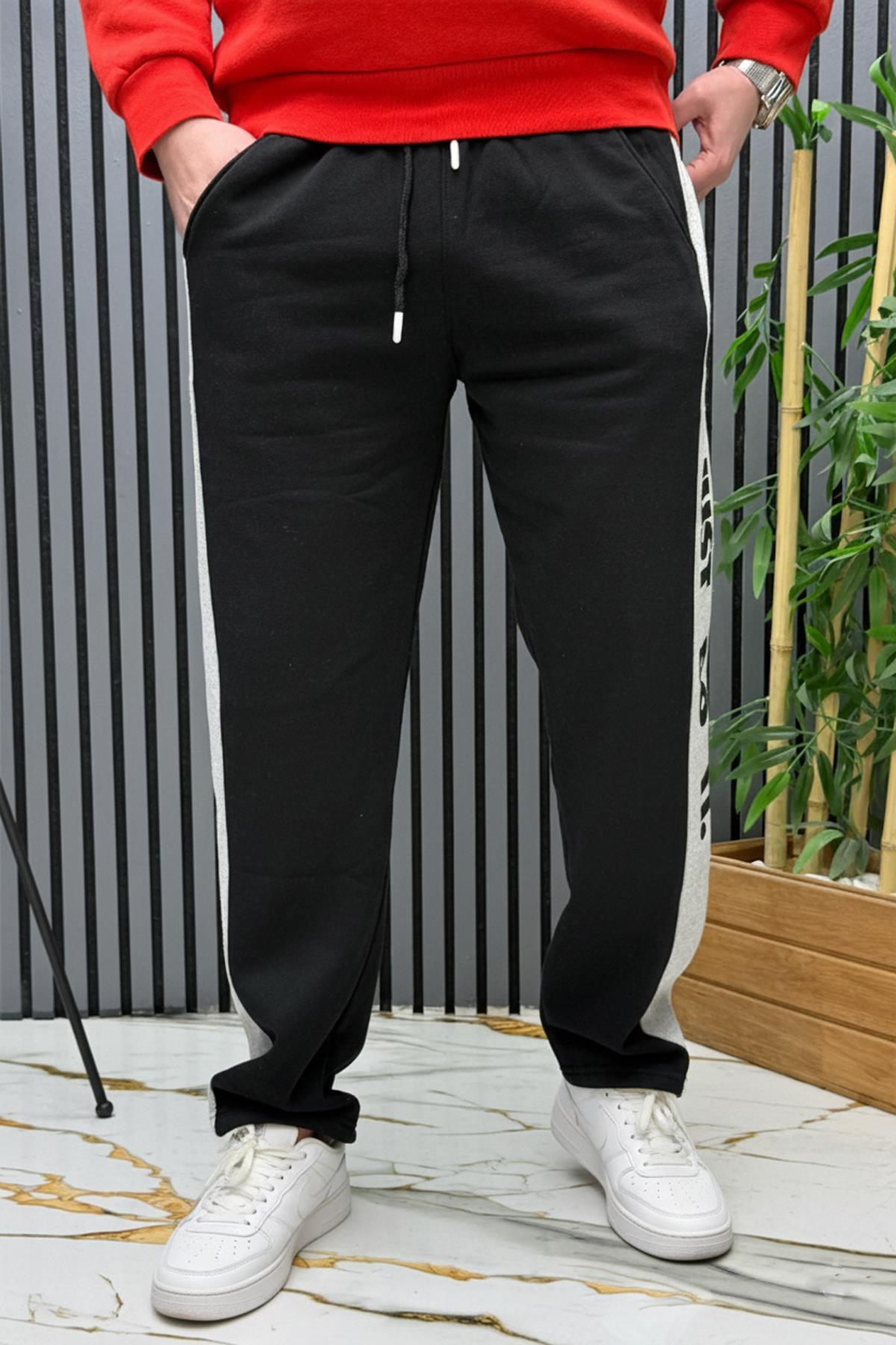 Erkek 2 İplik Şardonlu  Just Baskılı Baggy Eşofman Altı - Siyah