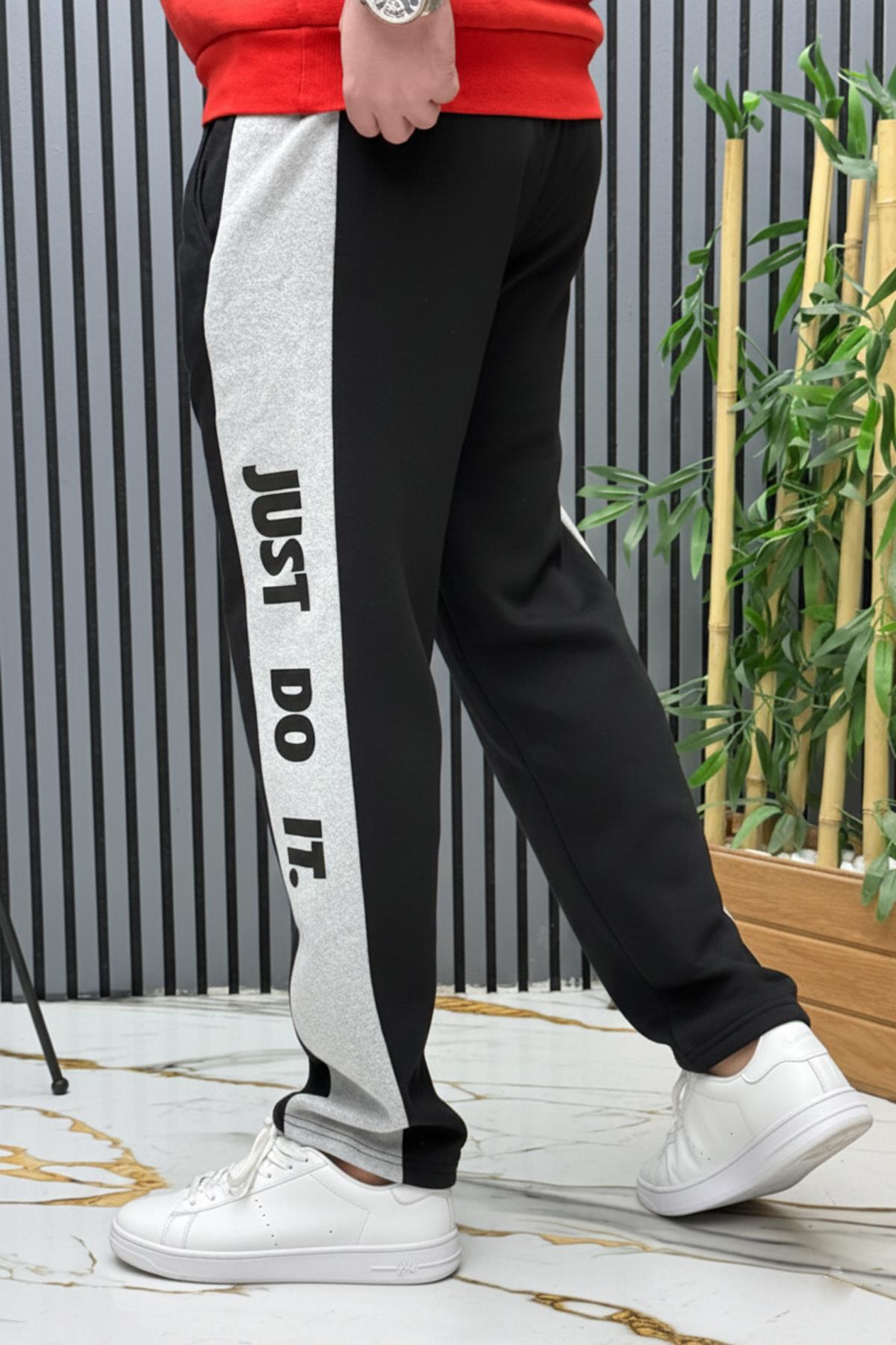 Erkek 2 İplik Şardonlu  Just Baskılı Baggy Eşofman Altı - Siyah