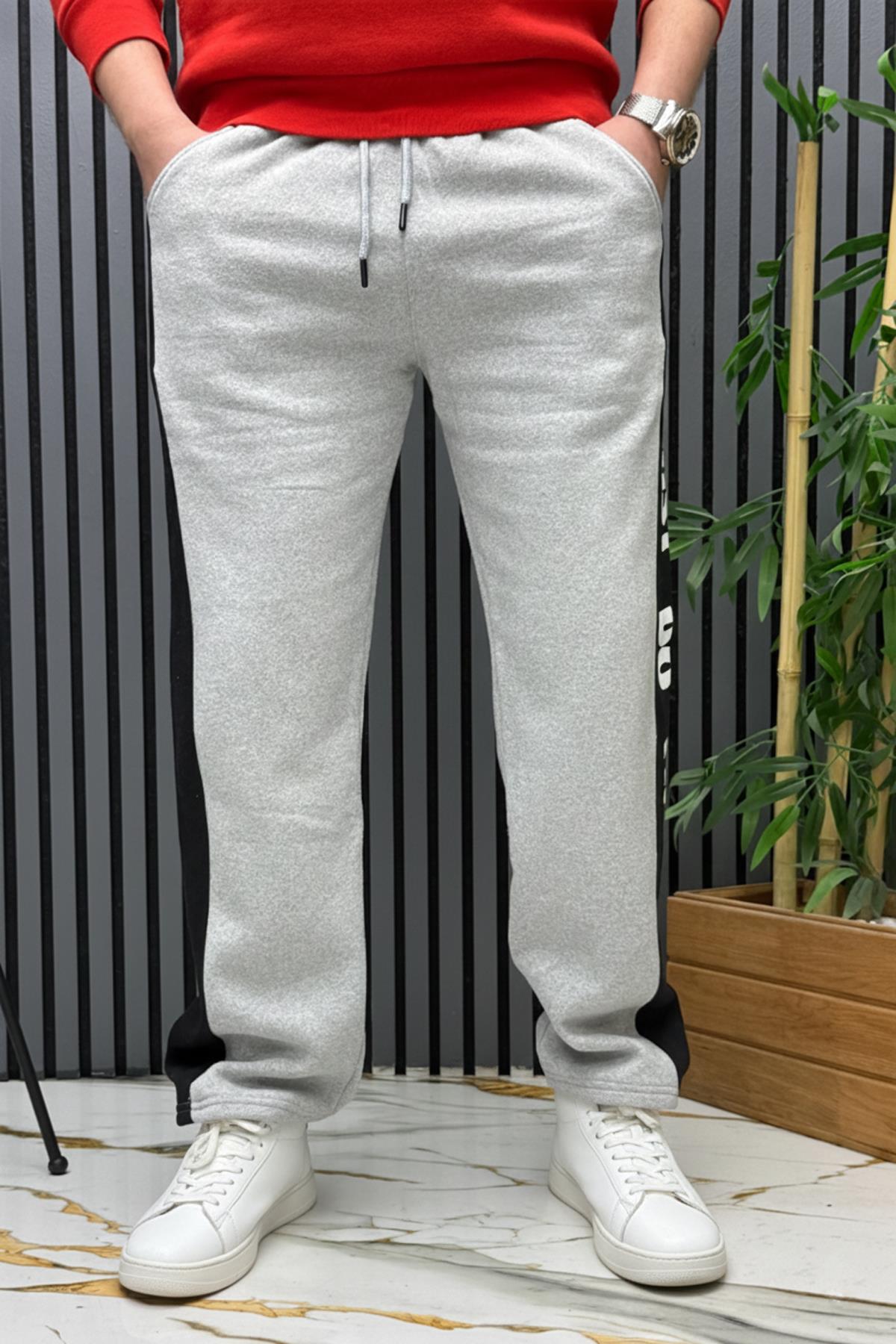 Erkek 2 İplik Şardonlu  Just Baskılı Baggy Eşofman Altı - Gri