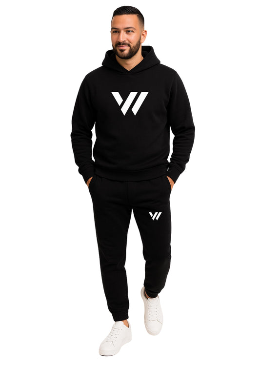 Erkek 2 İplik Şardonlu Kapşonlu Paça Lastikli Eşofman Takımı - Siyah