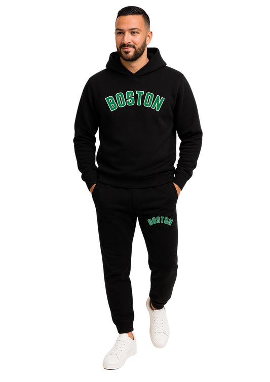 Erkek 2 İplik Şardonlu Kapşonlu Paça Lastikli Eşofman Takımı - Yeşil