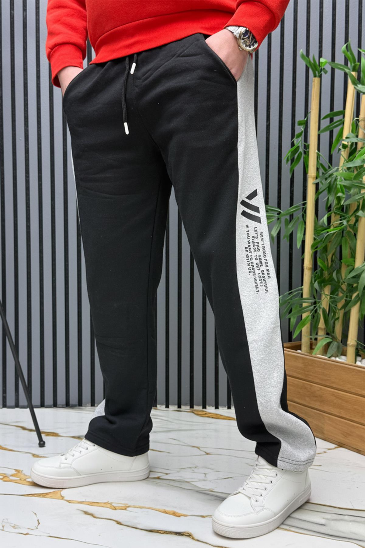 Erkek 2 İplik Şardonlu Wafra Baskılı Garnili Baggy Eşofman Altı - Siyah