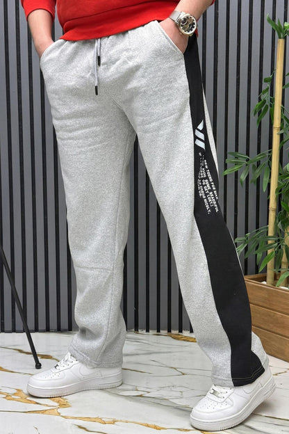 Erkek 2 İplik Şardonlu Wafra Baskılı Garnili Baggy Eşofman Altı - Gri