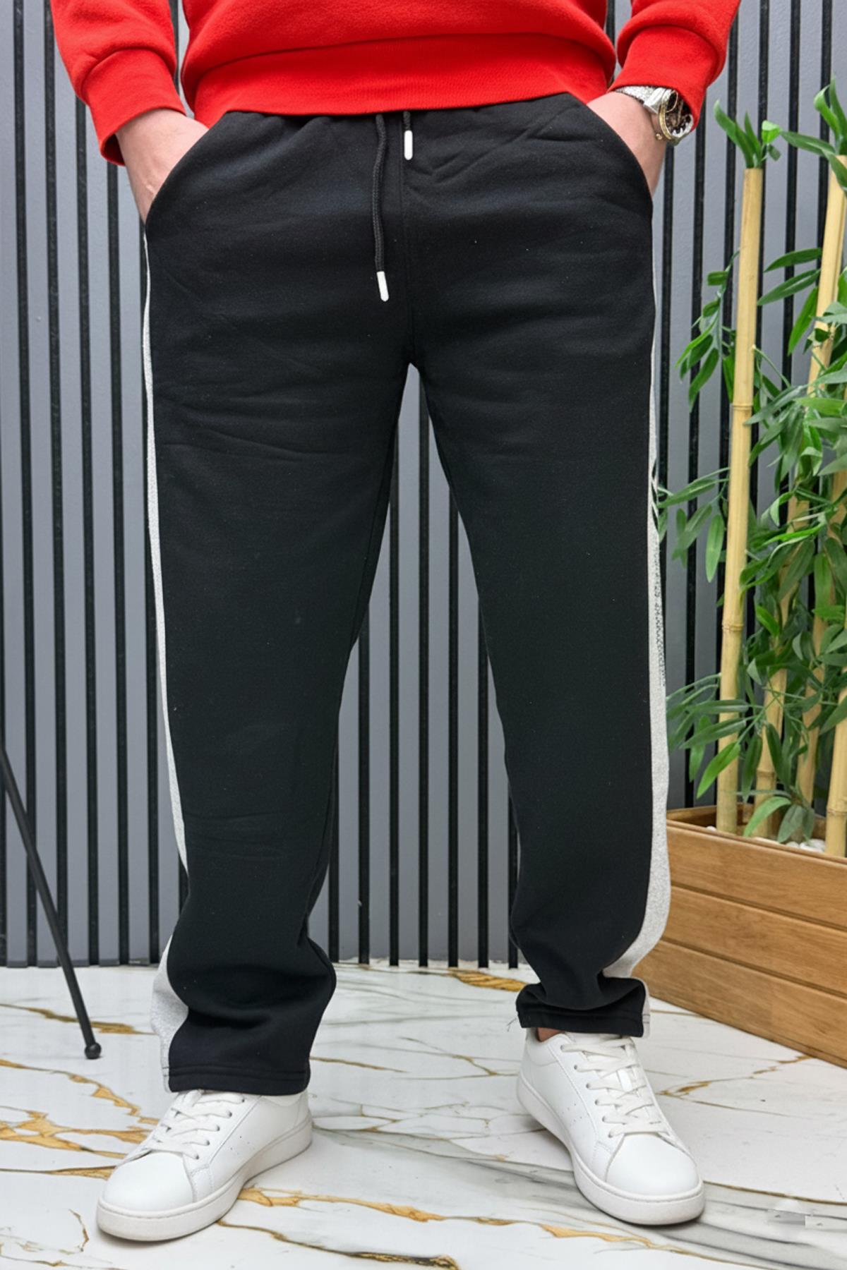 Erkek 2 İplik Şardonlu Wafra Baskılı Garnili Baggy Eşofman Altı - Siyah