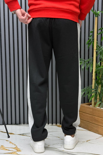 Erkek 2 İplik Şardonlu Wafra Baskılı Garnili Baggy Eşofman Altı - Siyah