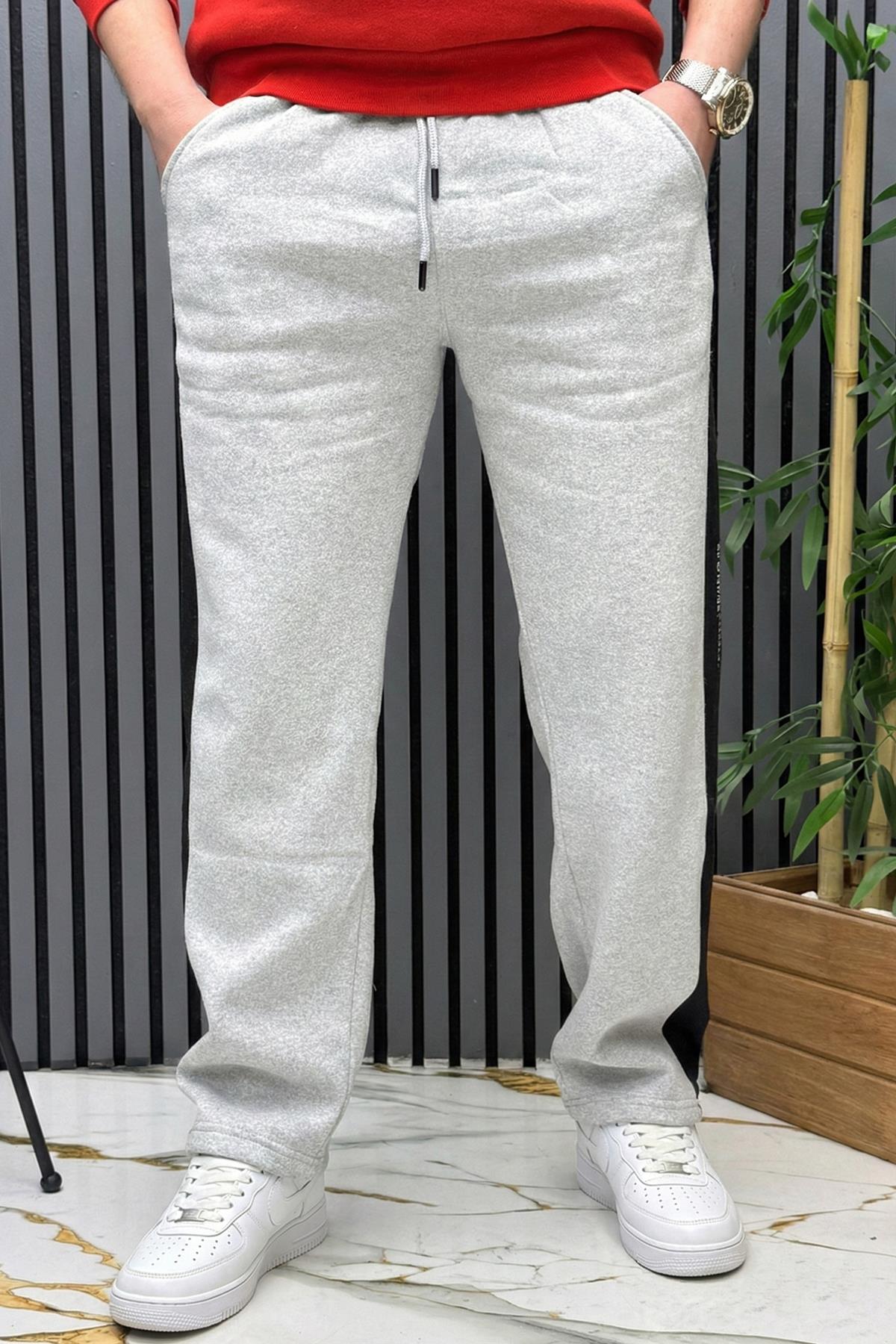 Erkek 2 İplik Şardonlu Wafra Baskılı Garnili Baggy Eşofman Altı - Gri