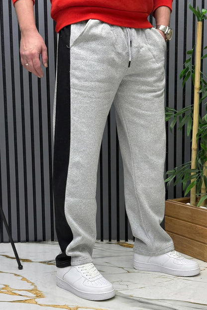 Erkek 2 İplik Şardonlu Wafra Baskılı Garnili Baggy Eşofman Altı - Gri